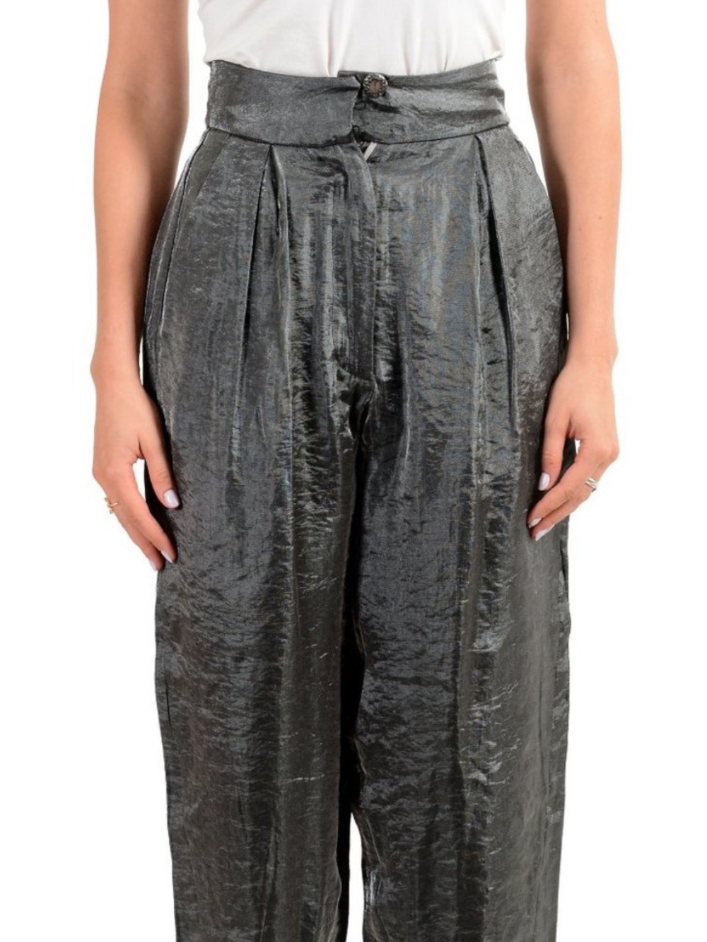 Just Cavalli Black and Silver Pleated High-Waist Tapered Pants